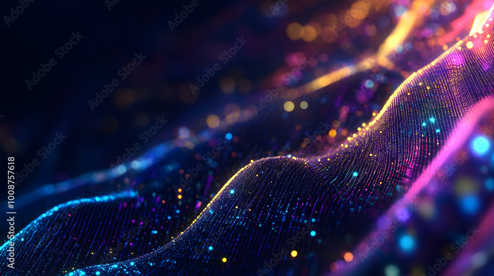 Aufkleber information waves, analytics data, field of successive points, data flow, neon light, cyber structur