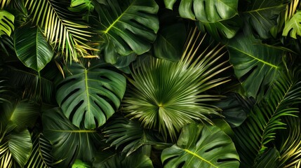 Tropical foliage featuring palm leaves and exotic plants. Vibrant green wallpaper seamless pattern