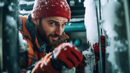 A technician in a winter outfit examines frozen pipes in an industrial area, dealing with ice buildup and assessing potential issues for repair