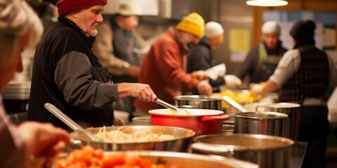 Charity day in a cafeteria where homeless people can collect food and have a meal,  symbolizing compassion and community support