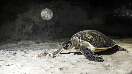 Obraz premium A turtle on a sandy beach under a full moon, creating a serene nighttime scene.