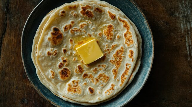 Top view of paneer paratha with butter, a popular breakfast for South Asian children