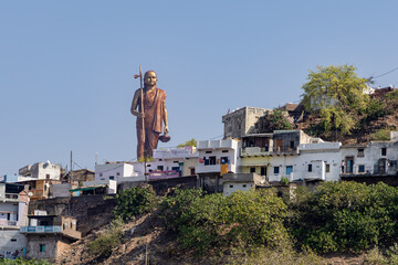 hindu spiritual guru adi shankaracharya statue at mountain top at morning