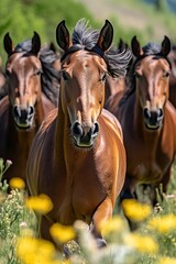 Fototapeta premium A group of galloping horses in a vibrant field of flowers.