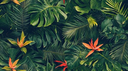 Tropical foliage featuring palm leaves and exotic plants. Vibrant green wallpaper seamless pattern