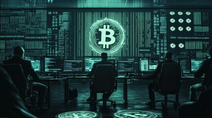 In a dimly lit room, a group of influential figures analyzes cryptocurrency data on multiple screens. They engage deeply in discussions about market trends and future technologies