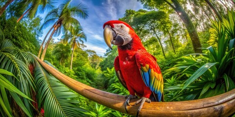 Vibrant Red Macaw Parrot Perched on a Branch Against a Lush Green Tropical Background in Nature