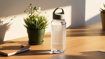 A sleek, reusable water bottle sitting on a desk beside a small plant and notepad symbolizes hydration's importance in daily routines.