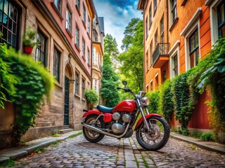 Fototapeta premium Vibrant Red Motorcycle Parked on a City Street Surrounded by Urban Architecture and Greenery