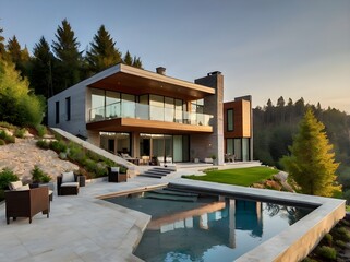 Fototapeta premium 3d View of luxurious house with modern architecturl home design
