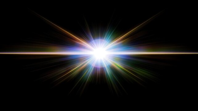 A bright, colorful light burst with rays extending outward from the center, set against a black background.