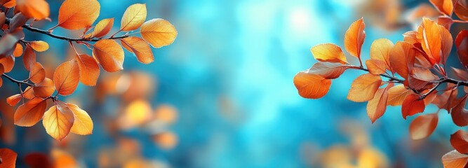 Vibrant autumn leaves framing a serene background of cool blue hues