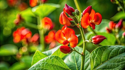 Vibrant Scarlet Runner Bean Flower Against a Lush Green Background in Bright Natural Lighting