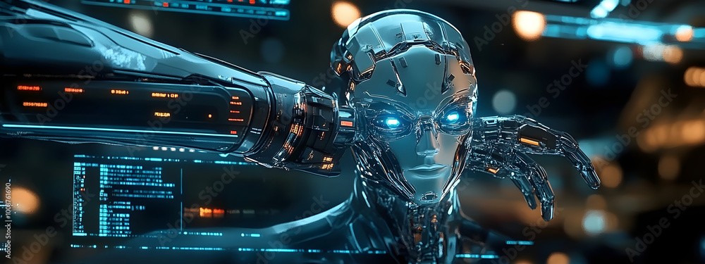 Poster the idea of a futuristic sci-fi ai cyber supercomputer. future technology cyberspace. a humanoid cyb