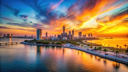 Vibrant skyline of Dammam city showcasing modern architecture and coastal beauty at sunset