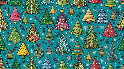 A Festive Celebration of Whimsical Trees with Decorated Branches and Sparkling Snowflakes on a Teal Background