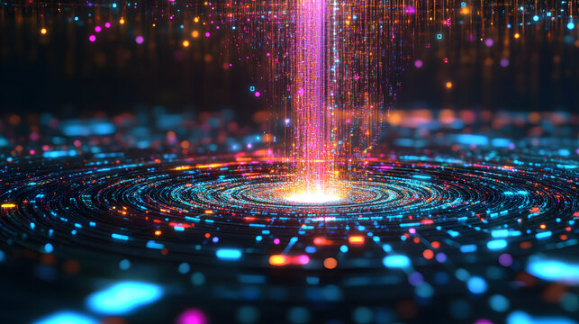 Big data. Business and digital technologies. Data flow in a secure system. Wireless systems, globalization. Data analytics, blockchain technology. 3D illustration of circular paths