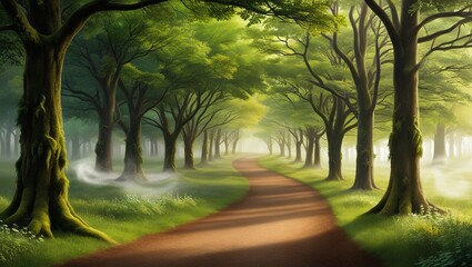 A peaceful forest path surrounded by lush green trees and plants, symbolizing the connection between nature and wellness, with sunlight filtering through the leaves.