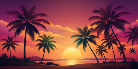 A serene tropical sunset casts vibrant colors over palm trees and calm waters at a beach