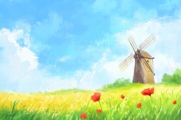 Vintage watercolor illustration of an old windmill making bread