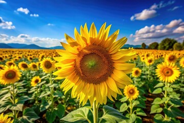 Fototapeta premium Vibrant Sunflower Bloom in Bright Yellow Colors Against a Clear Blue Sky on a Sunny Day