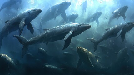 Fototapeta premium A serene underwater scene featuring a pod of whales swimming gracefully.