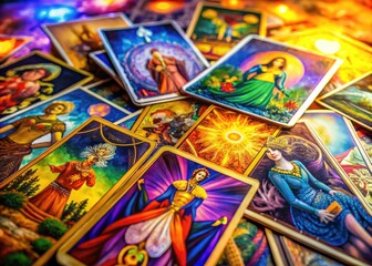 Fototapeta premium Vibrant Tarot Cards on Colorful Background Creating a Mystical and Enchanting Atmosphere for Divination