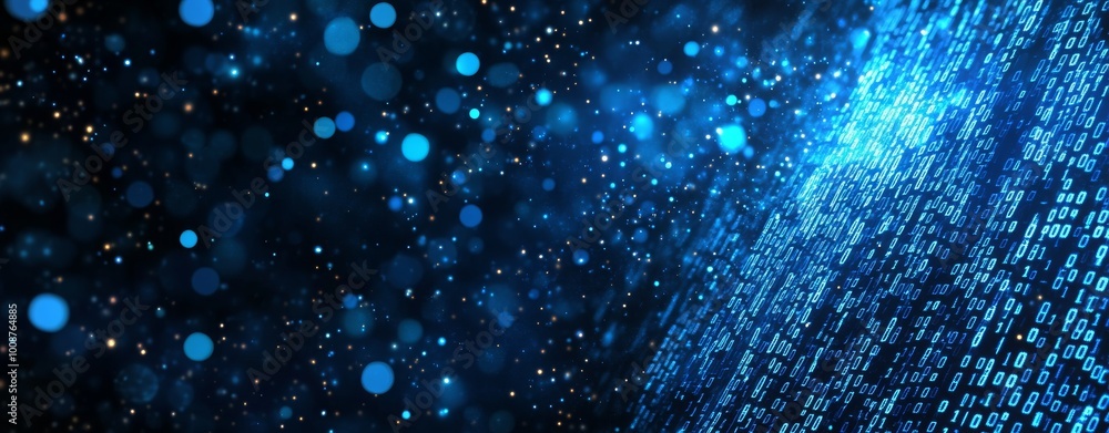 Poster in a wide-web background, abstract visualizations of data flowing in tunnel shapes, information proc