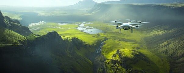 Drones perspective over an enchanted valley, blending fantastical landscapes with renewable energy sources, magical creatures coexisting peacefully, stunning contrast