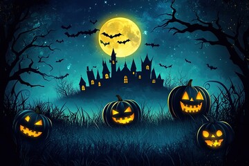 Fototapeta premium Flying bat with Halloween sweets bucket, vector Halloween holiday. Cartoon bat carrying pumpkin with trick or treat candies in dark night sky with full moon, creepy midnight cemetery and haunted house