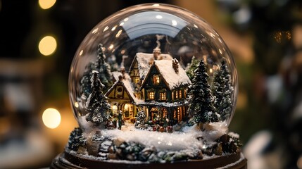 Winter village in snow globe