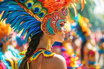 A woman wearing a colorful costume with a peacock headdress