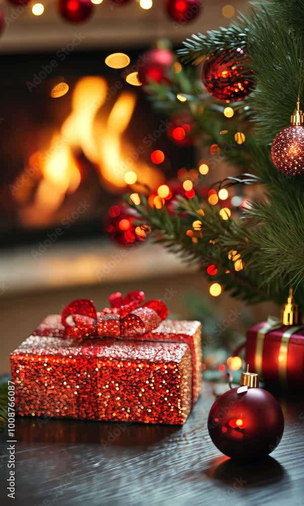 Poster a red box with a bow on top sits on a table next to a christmas tree. the tree is lit up with lights