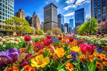Vibrant Urban Garden Blooming with Colorful Flowers Amidst a Bustling Cityscape in Springtime