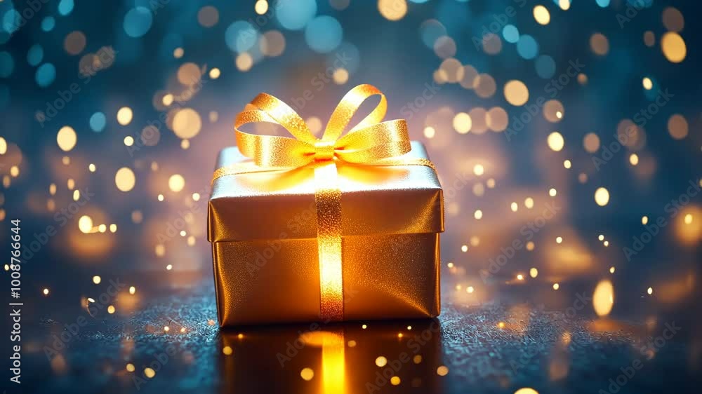 Poster a gold box with a ribbon on top sits on a dark surface. the box is lit up, creating a warm and invit
