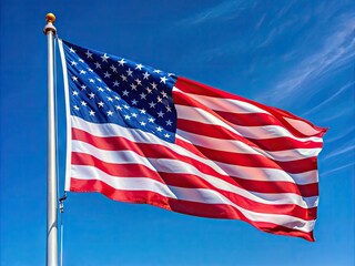 Obraz premium Vibrant USA Flag Waving in the Breeze Against a Clear Blue Sky Symbolizing Freedom and Unity