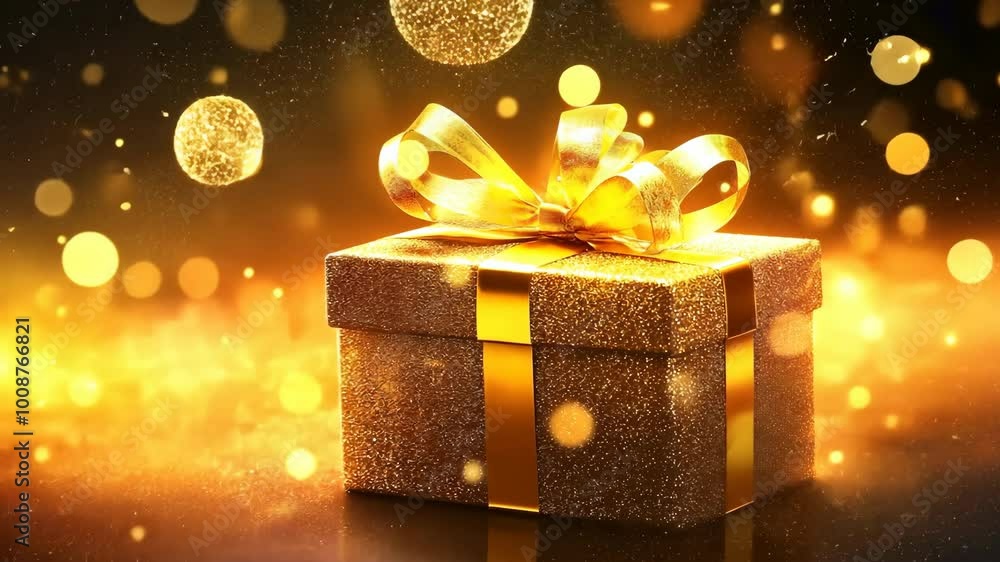 Poster a gold box with a bow on top of it. the box is on a dark background with a lot of sparkles