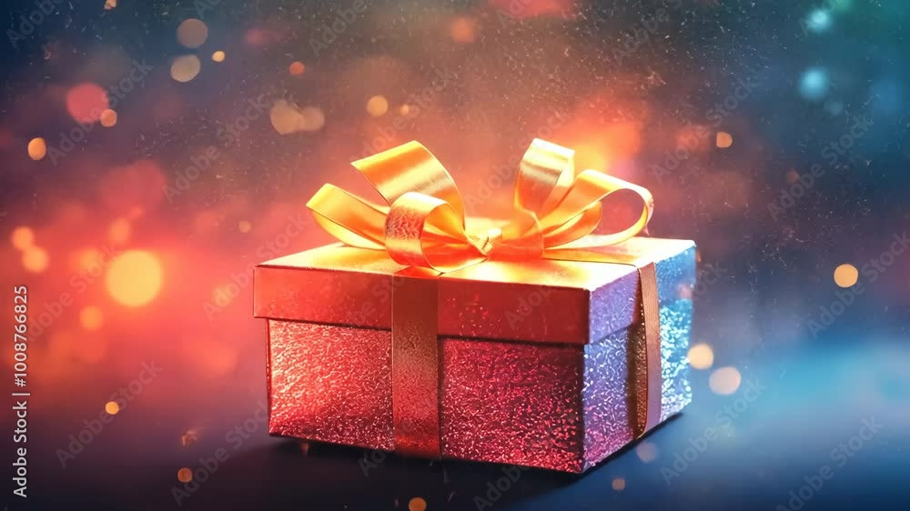 Poster a red box with a bow on top of it. the box is sitting on a table with a lot of sparkles around it
