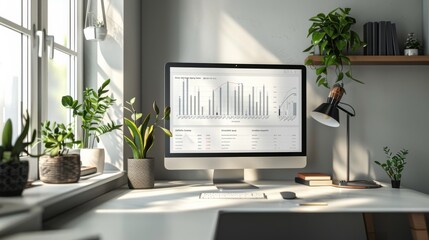 Elegant home office, computer screen with digital dashboard showing cash flow statistics. Remote work