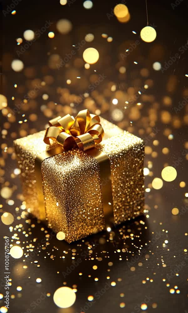 Poster a gold box with a bow on top of it. the box is surrounded by glitter and the image has a festive and