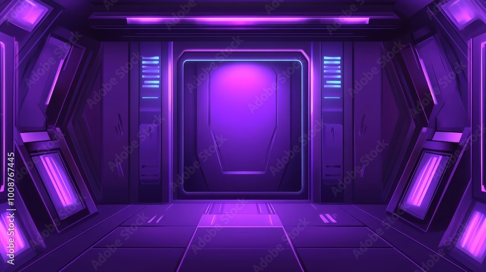 Poster a hi-tech contemporary layout of a stage or room surrounded by circuit lines of digital architecture