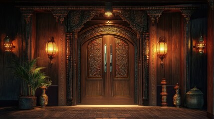 Fototapeta premium Traditional South Asian restaurant entrance with ornate wooden doors and lanterns. No people, copy space available