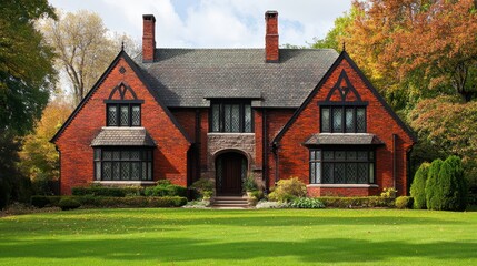 Obraz premium Classic Red Brick House with Well-Maintained Lawn for Real Estate and Architectural Use
