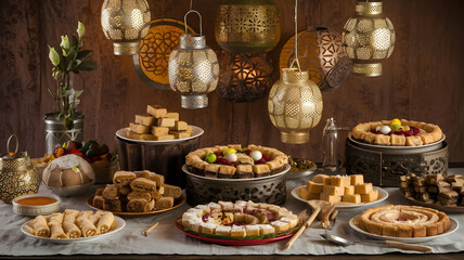 Naklejka premium A rustic table filled with a spread of Arabic desserts like kunafa, baklava, and basbousa, set against a backdrop of decorative lanterns.