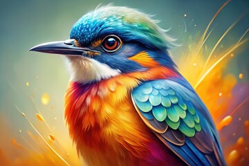 Obraz premium Vibrant Watercolor Bird Illustration with Colorful Feathers and Graceful Posture on White Background