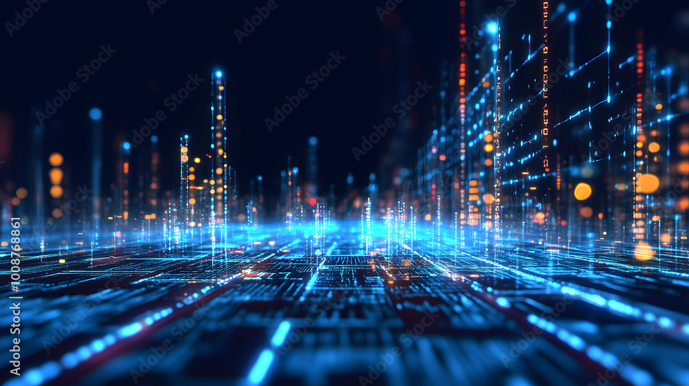 Poster futuristic data stream 3d illustration. data transfer technology. cyberpunk, big data and cybersecur