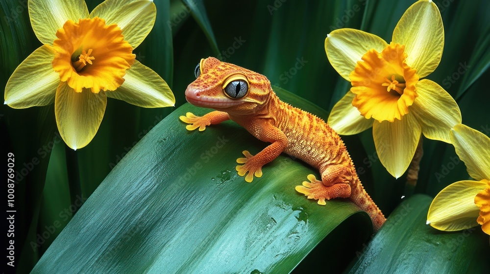 Sticker A Vibrant Gecko Amidst Spring Blooms