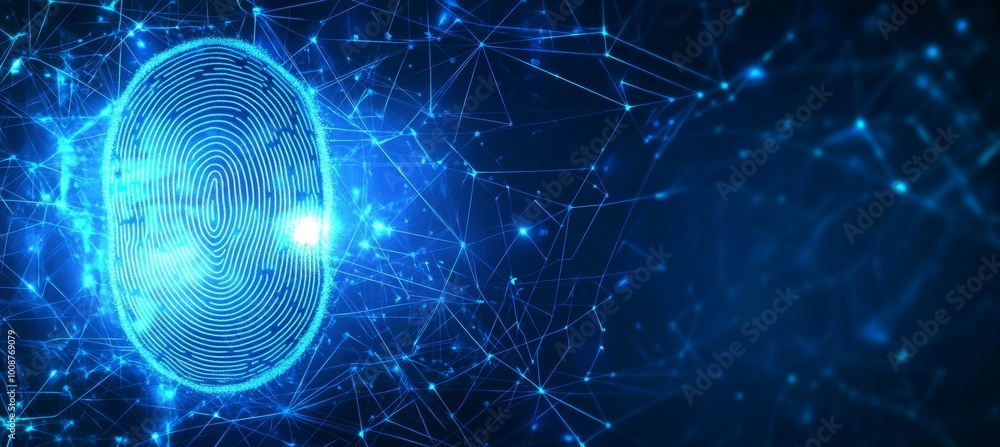 Poster abstract blue fingerprint pattern on tech background - digital biometric scan technology
