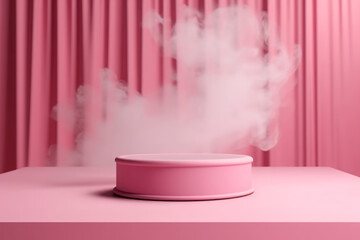 Abstract empty podium with smoke on pastel pink background for presentation and exhibitions cosmetic product. Minimal concept. 