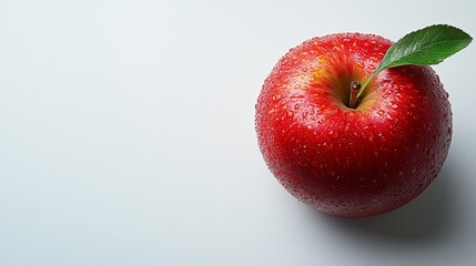 Red Apple with Water Droplets and Leaf on White Background
